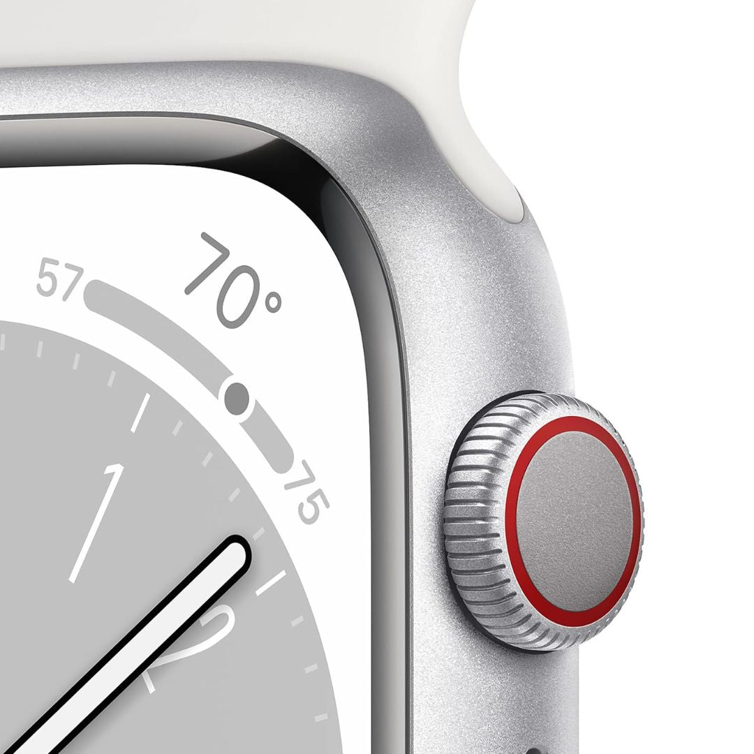 Apple Watch Series 8 (GPS + Cellular, 45MM) - Silver Aluminum Case with M/L White Sport Band  - MP4W3LL/A