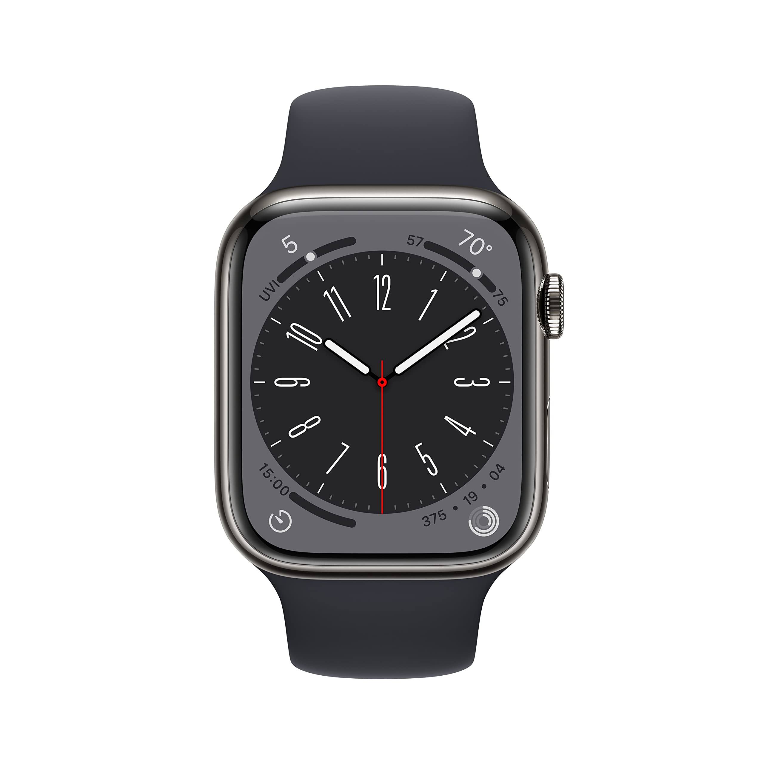 Apple Watch Series 8 GPS + Cell 45mm Graphite Stainless Steel Case w/ Midnight Sport Band - S/M - MNW13LL/A