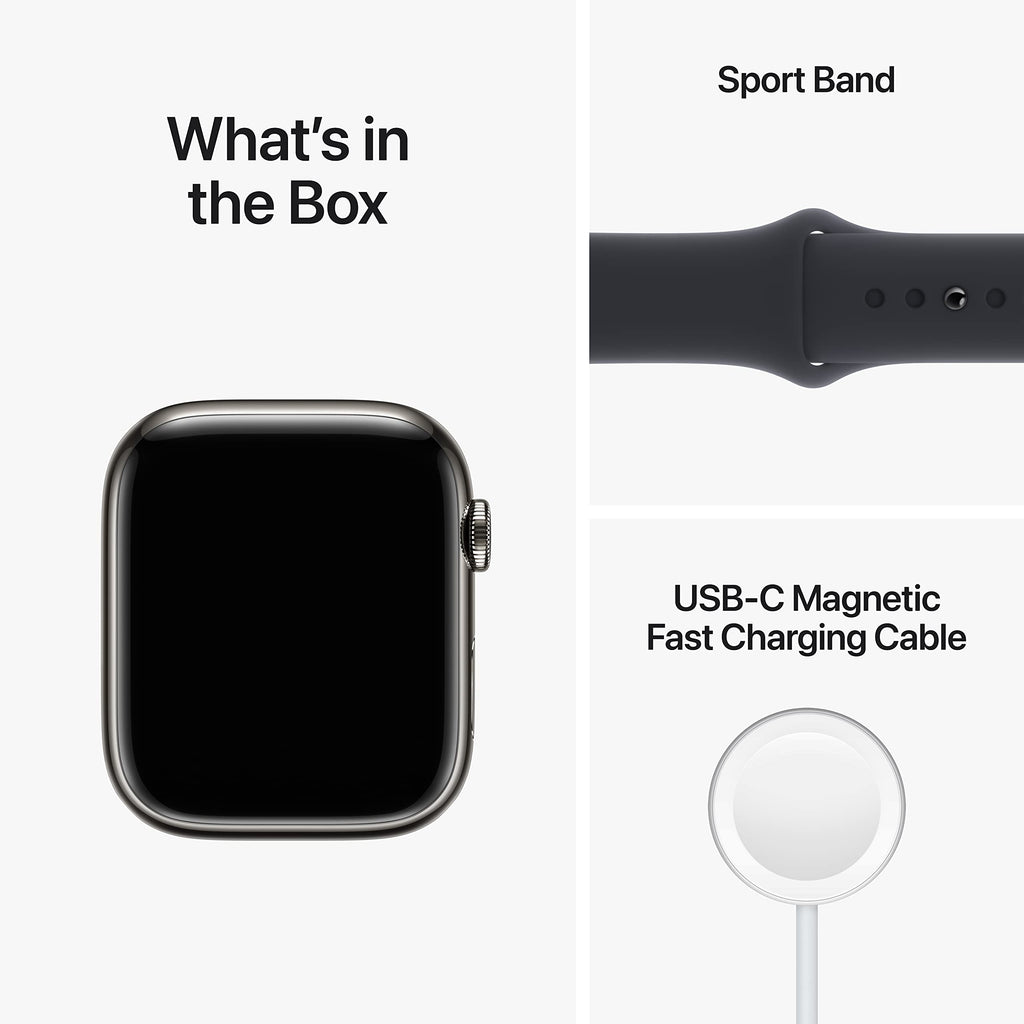 Apple Watch Series 8 GPS + Cell 45mm Graphite Stainless Steel Case w/ Midnight Sport Band - S/M - MNW13LL/A